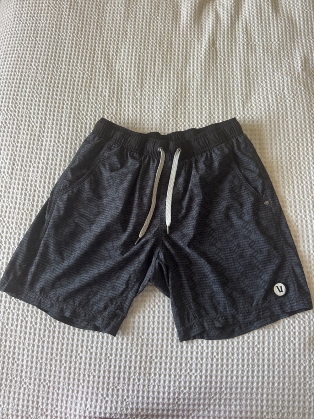 Vuori Black Athletic Drawstring Shorts with Gray Accents